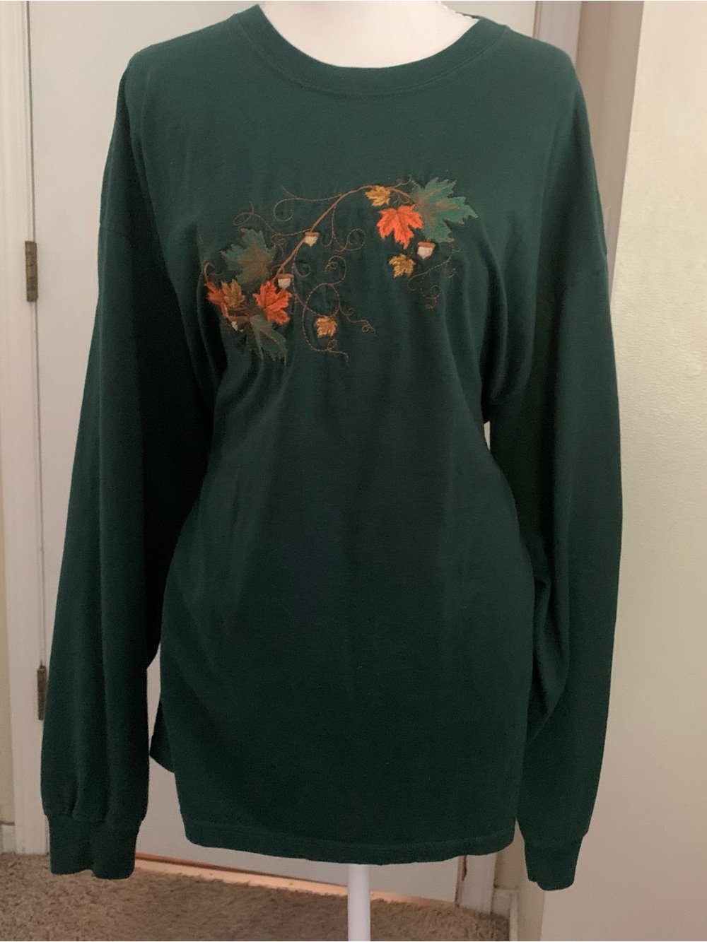 Jerzees Fall Leaves T Shirt Embroidered Long Sleeve Tee Autumn Green Orange 2X